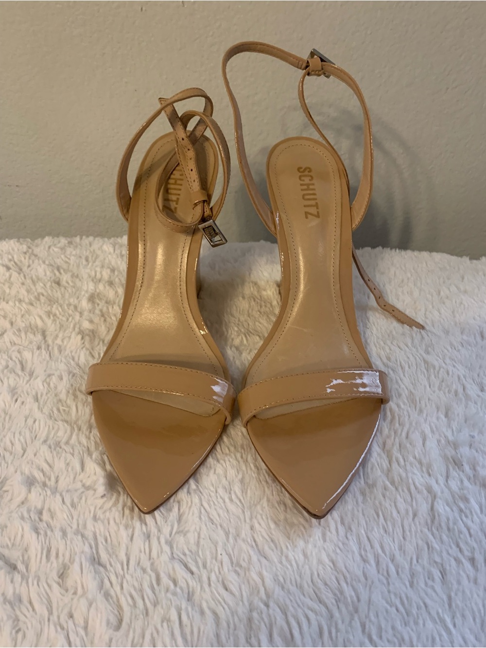 SCHUTZ Patent Nude Pointed-Toe Ankle-Strap wedges